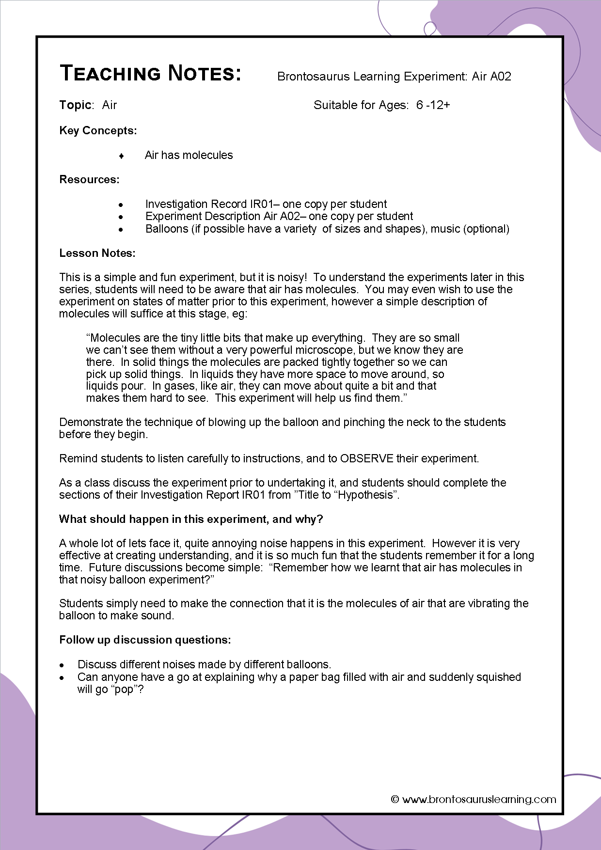 Air Experiment A02: Singing Balloon 3 Teacher notes page preview for Air Experiment: Singing Balloon