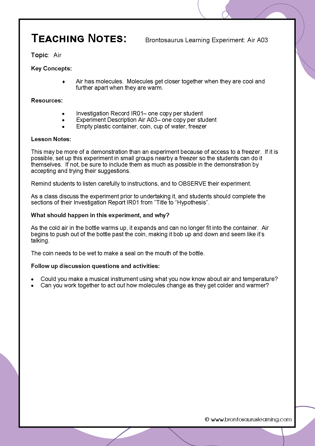 Air Experiment A03: Talking Coin 3 Teacher notes page preview for Air Experiment: Talking Coin