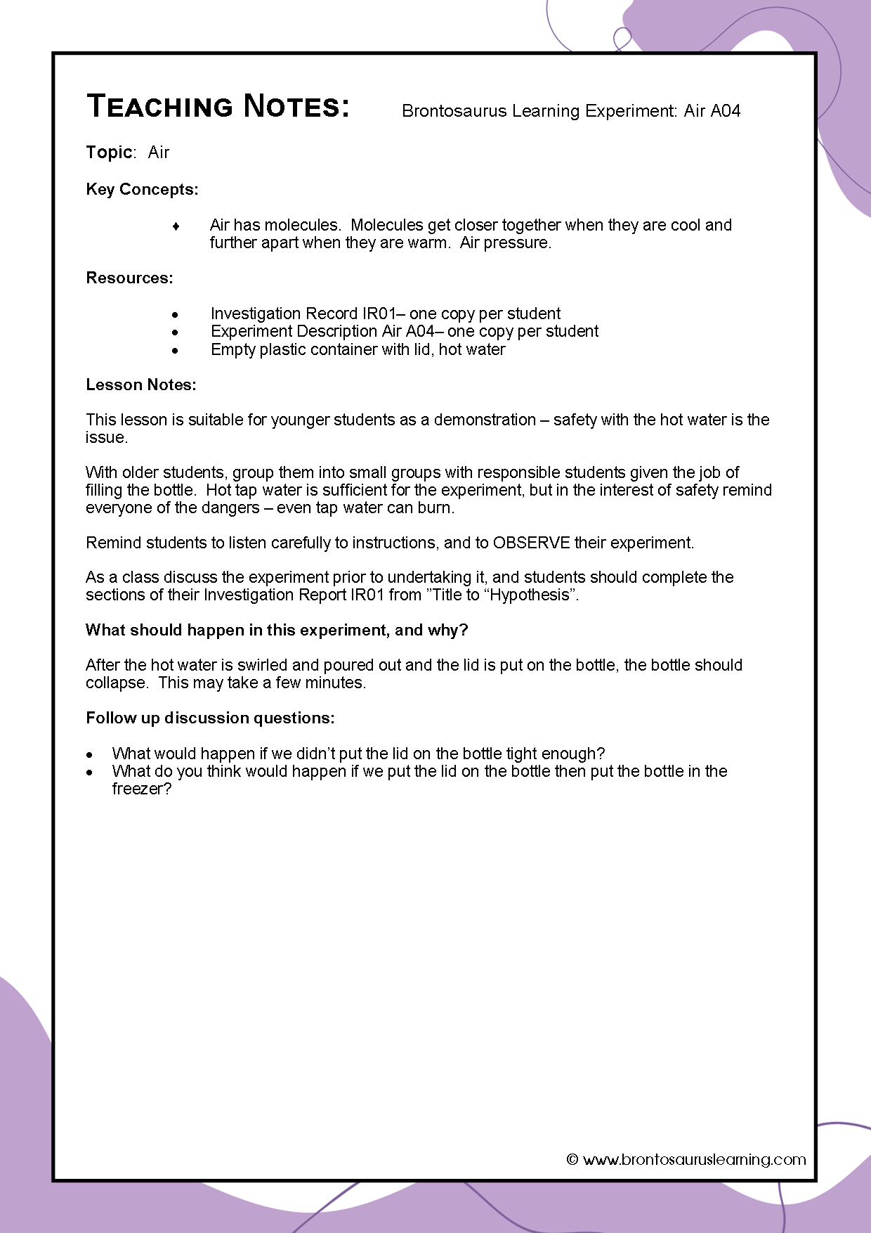 Teacher notes page preview for Air Experiment: Bottle Crush