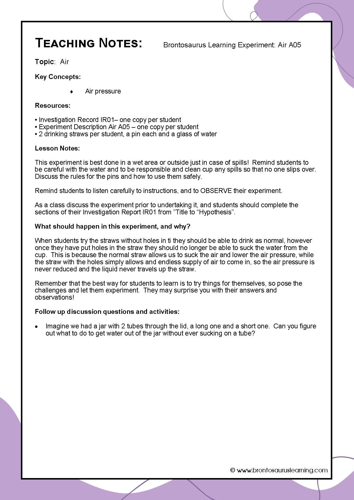 Air Experiment A05: Trick Straw 3 Teacher notes page preview for Air Experiment: Trick Straw