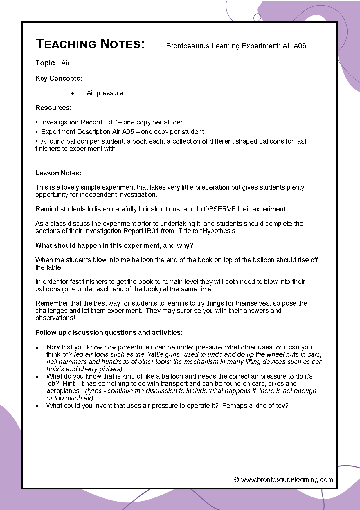 Teacher notes page preview for Air Experiment: Air Lift