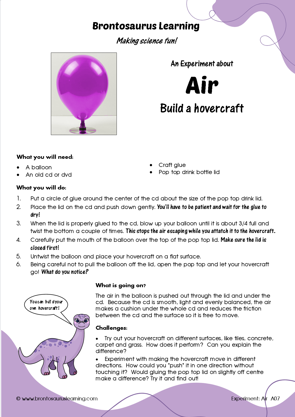 Air Experiment A07: Build a hovercraft 2 Student resource page preview for Air Experiment: Build a Hovercraft