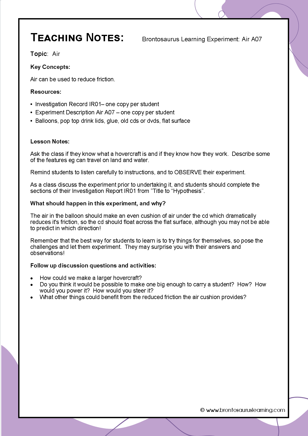 Air Experiment A07: Build a hovercraft 3 Teacher notes page preview for Air Experiment: Build a Hovercraft