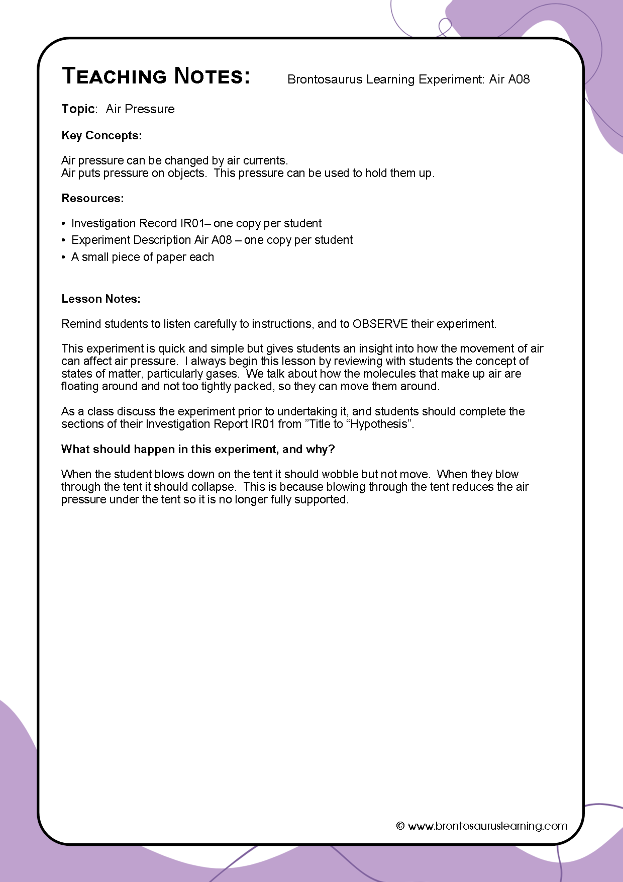 Teacher notes page preview for Air Experiment: Blow the Tent Down