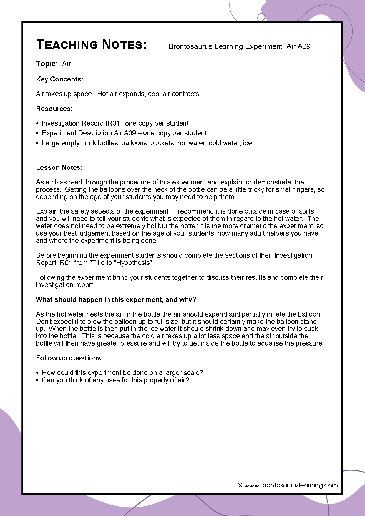 Teacher notes page preview for Air Experiment: Hot Air