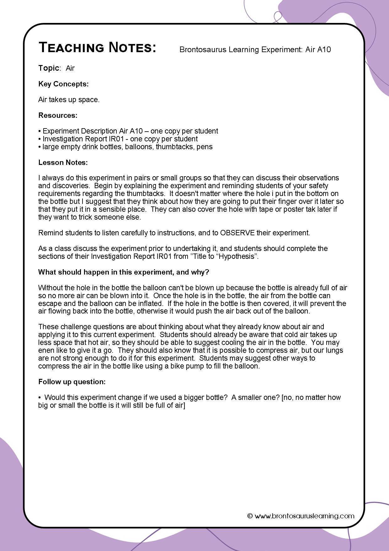 Teacher notes page preview for Air Experiment: Balloon in a Bottle