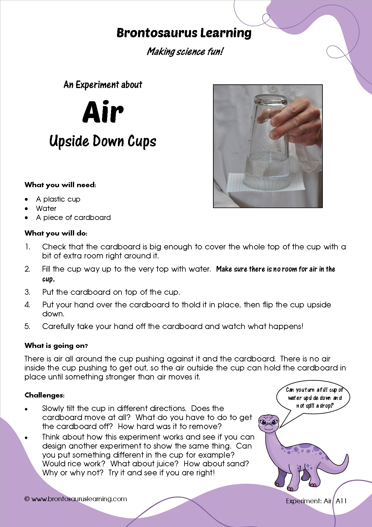 Student resource page preview for Air Experiment: Upside Down Cups