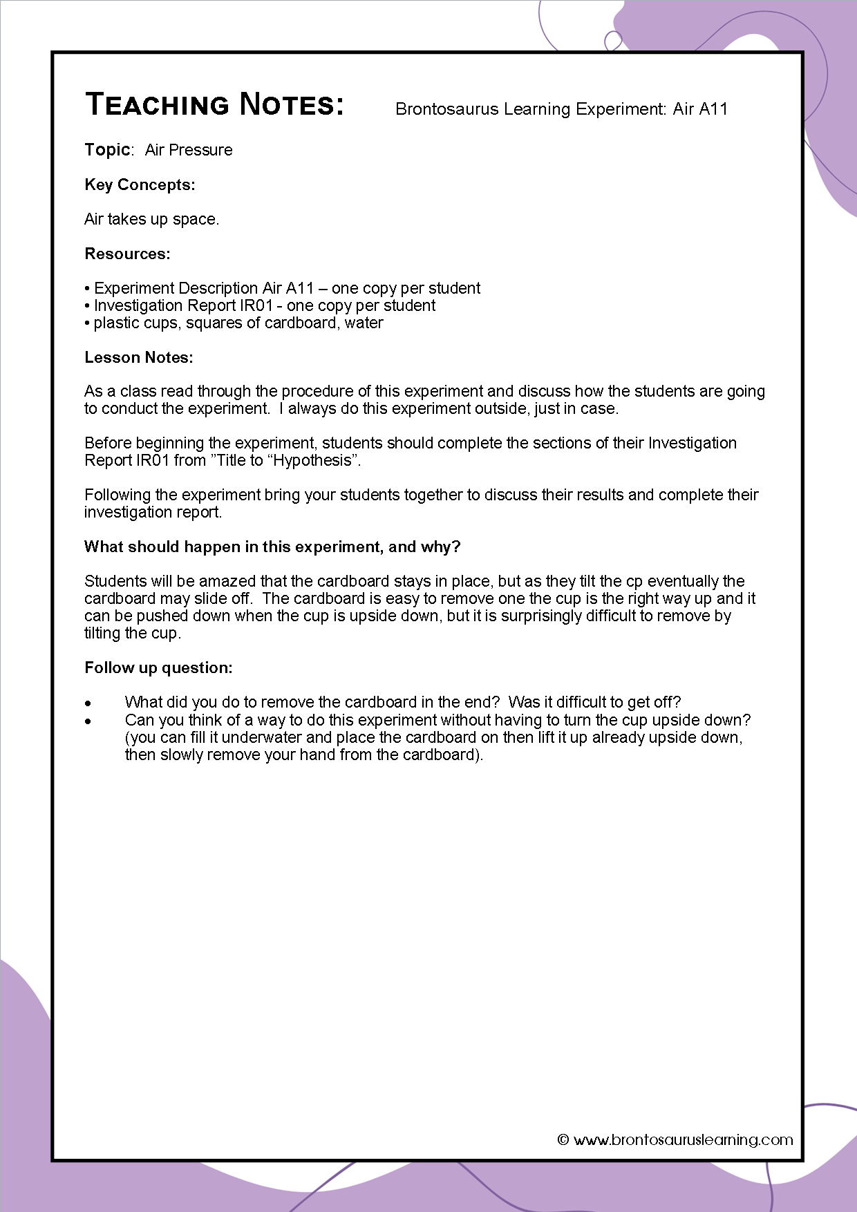 Teacher notes page preview for Air Experiment: Upside Down Cups