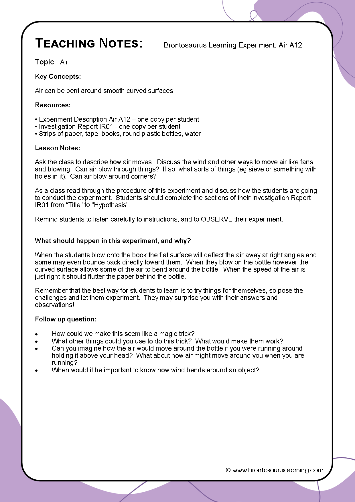 Air Experiment A12: Bendy Air Trick 3 Teacher notes page preview for Air Experiment: Bendy Air Trick