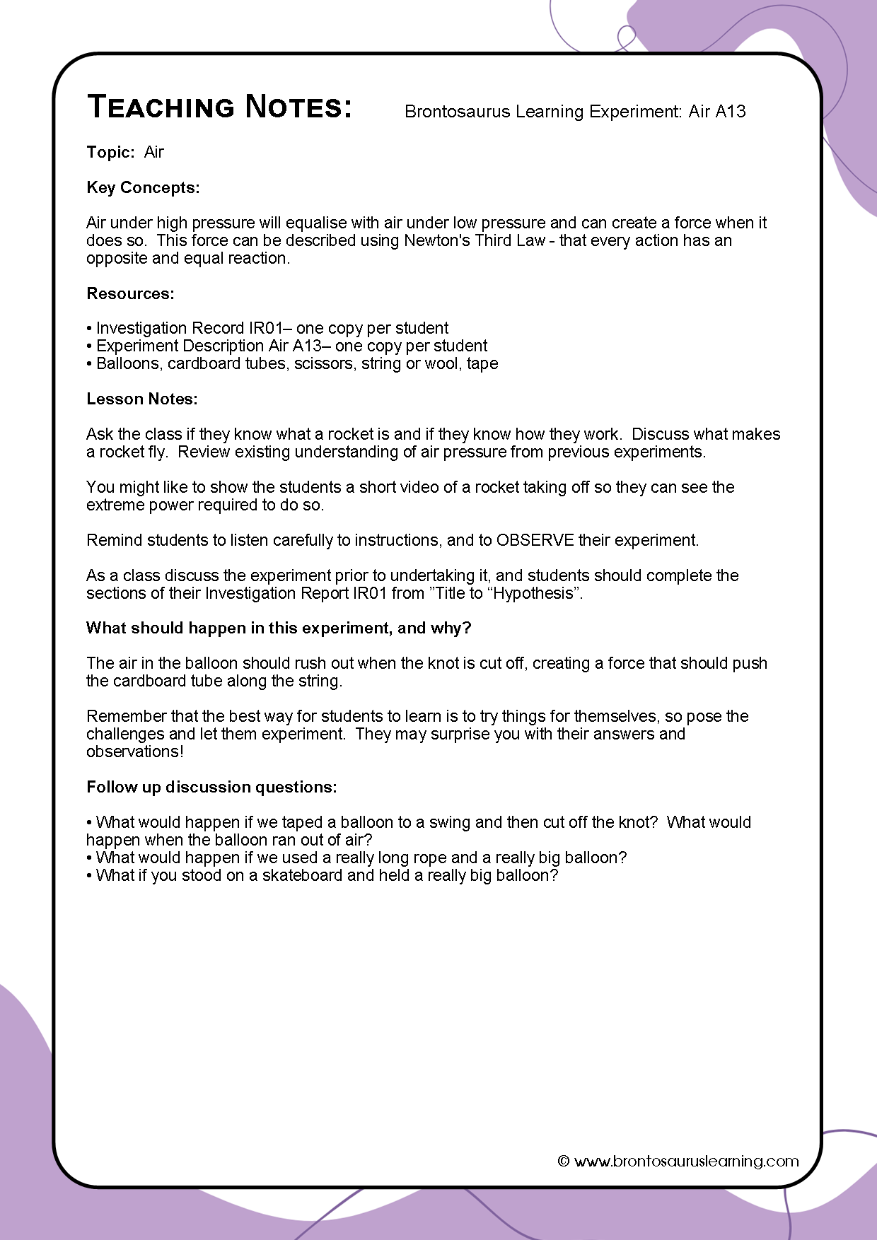 Teacher notes page preview for Air Experiment: Air Powered Rocket