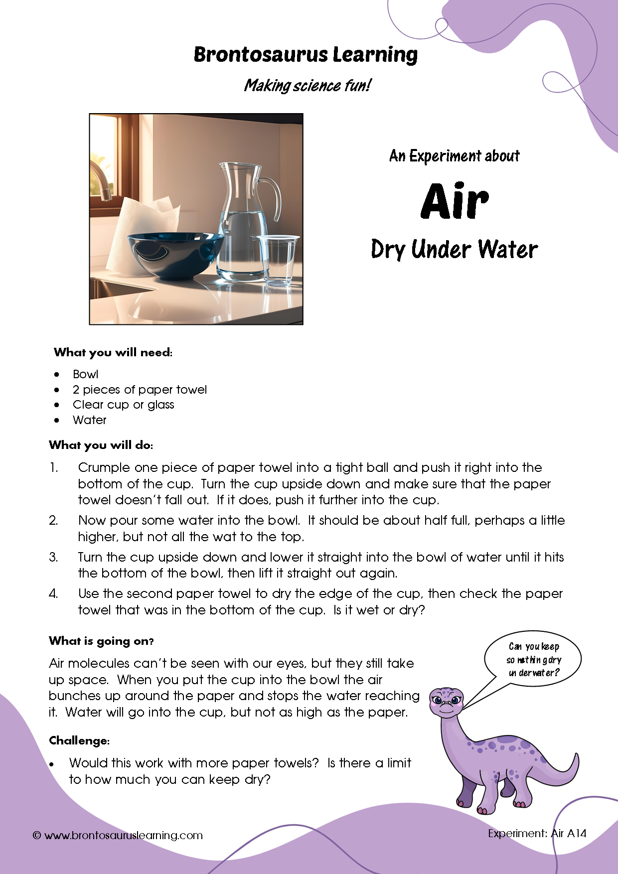 Student resource page preview for Air Experiment: Dry Under Water