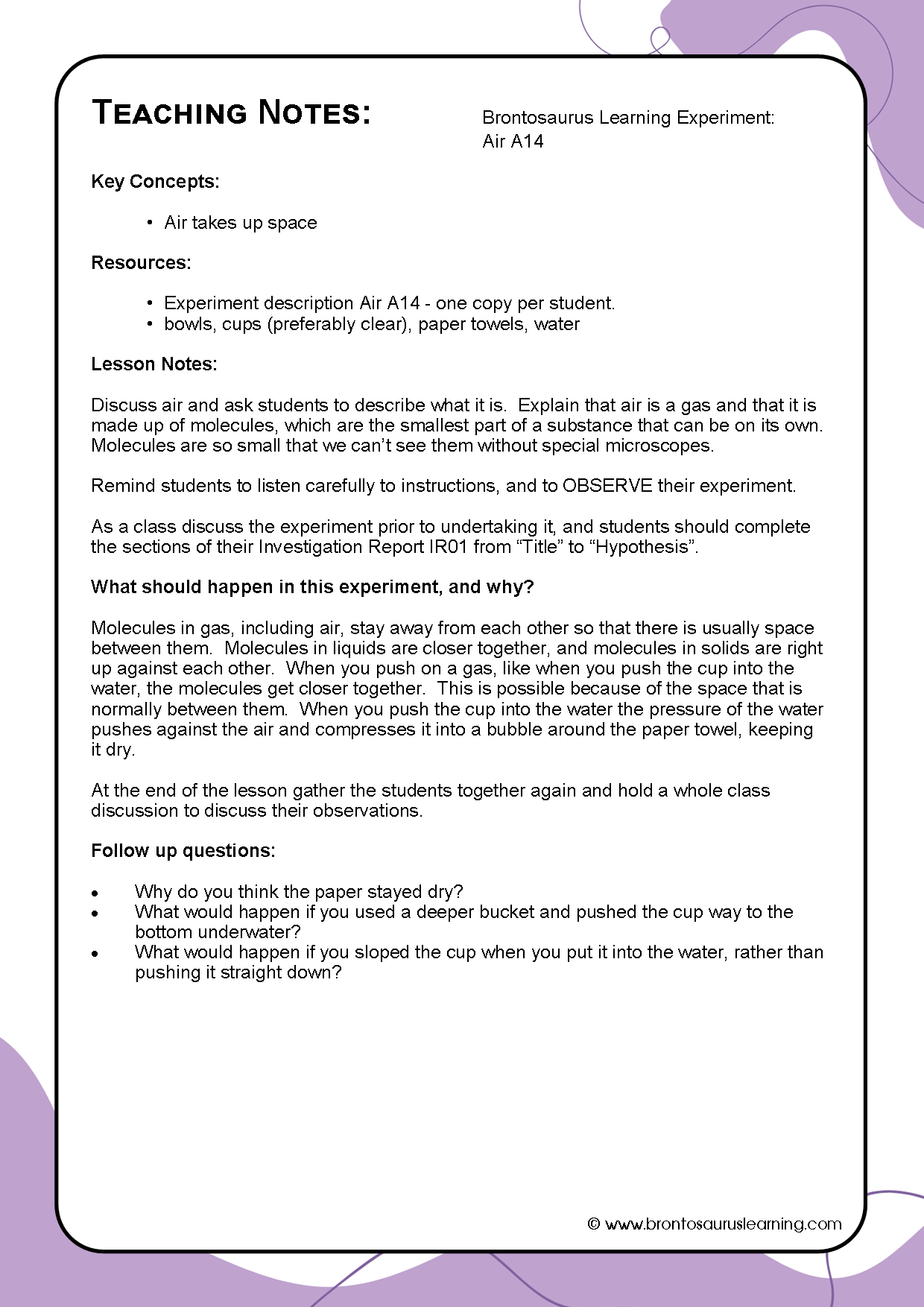 Teacher notes page preview for Air Experiment: Dry Under Water
