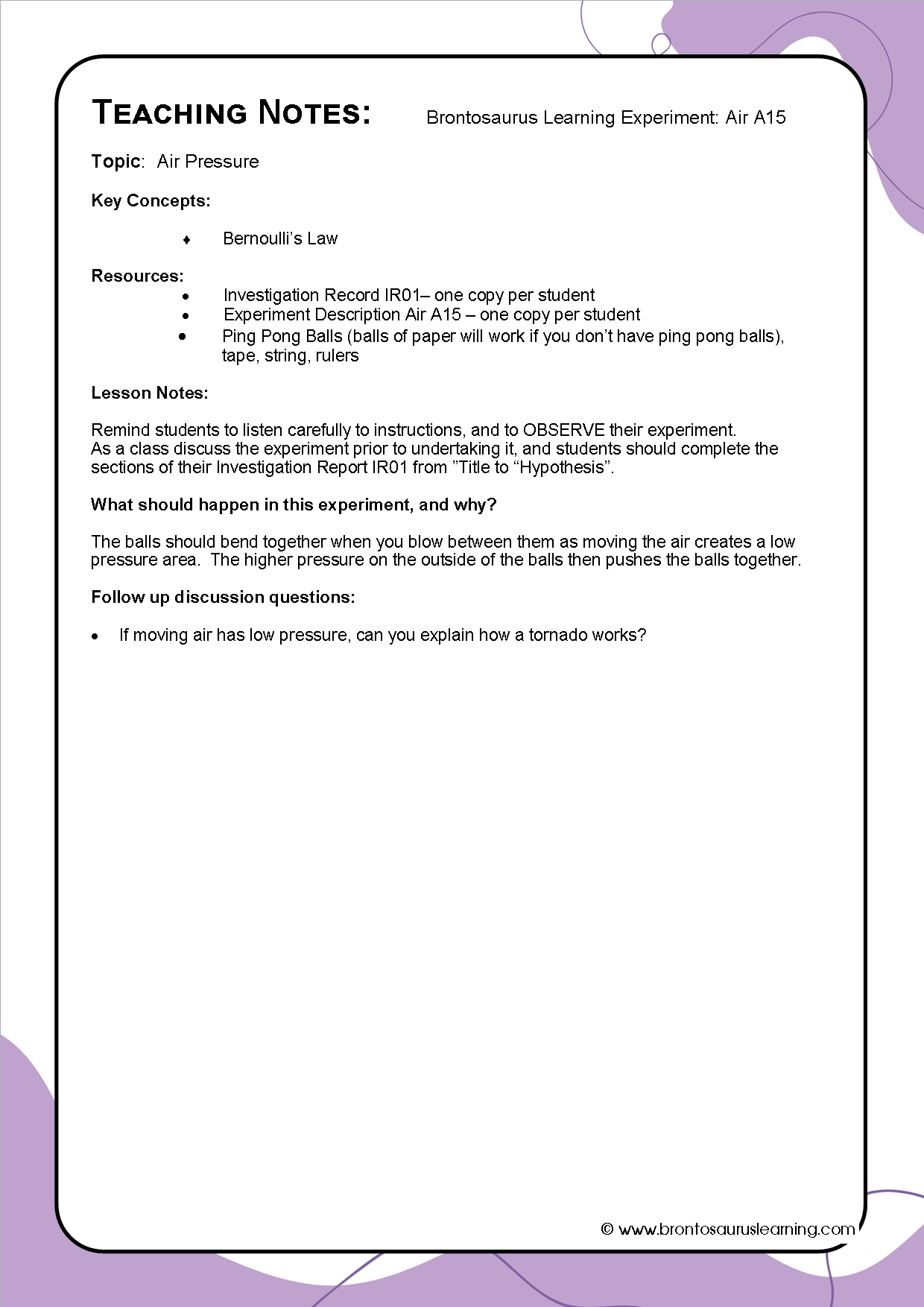 Teacher notes page preview for Air Experiment: Bernoulli's Law