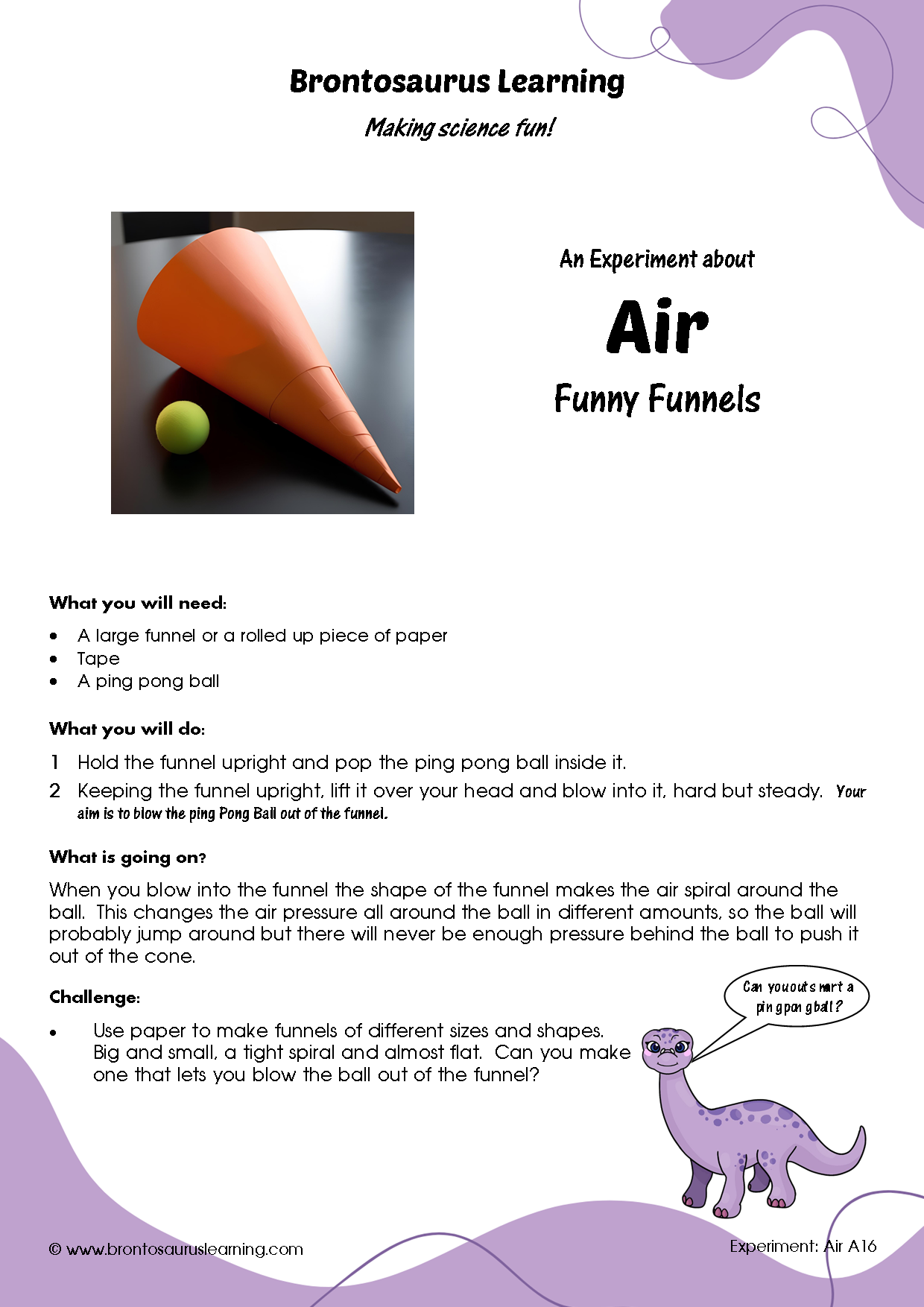Air Experiment A16: Funny Funnels 2 Student resource page preview for Air Experiment: Funny Funnels