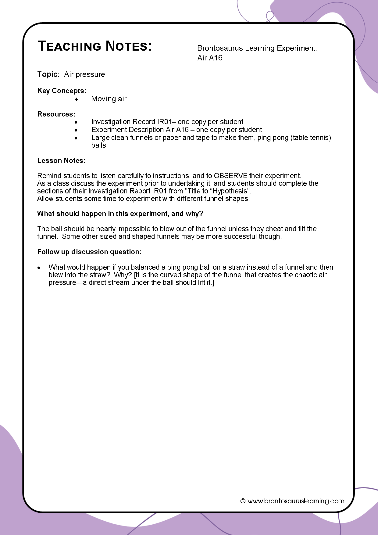 Air Experiment A16: Funny Funnels 3 Teacher notes page preview for Air Experiment: Funny Funnels