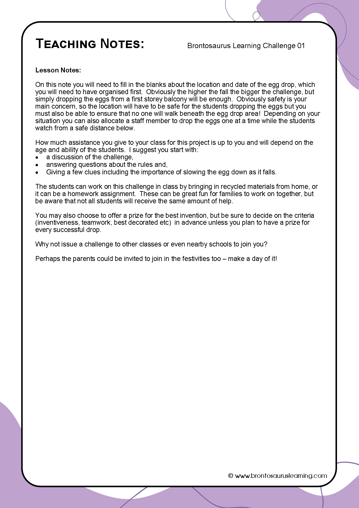 Teacher notes page preview for Challenge Activity: The Great Egg Drop