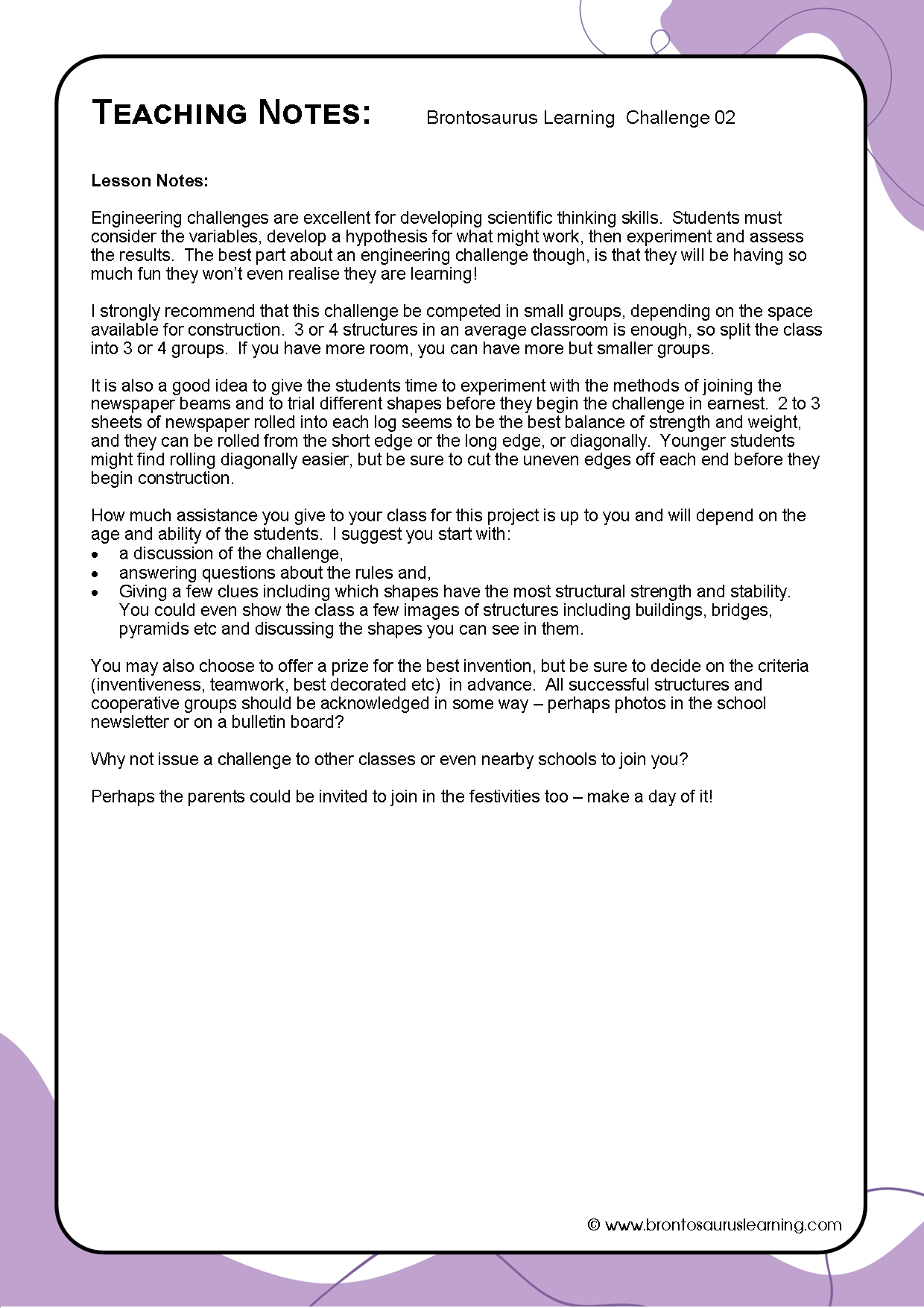 Teacher notes page preview for Challenge Activity: Newspaper Fort