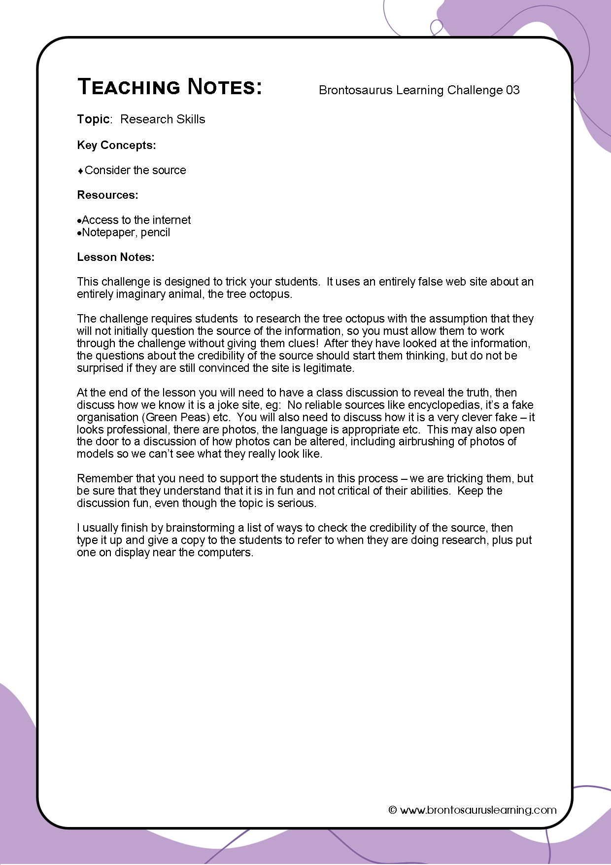 Teacher notes page preview for Challenge Activity: Tree Octopus