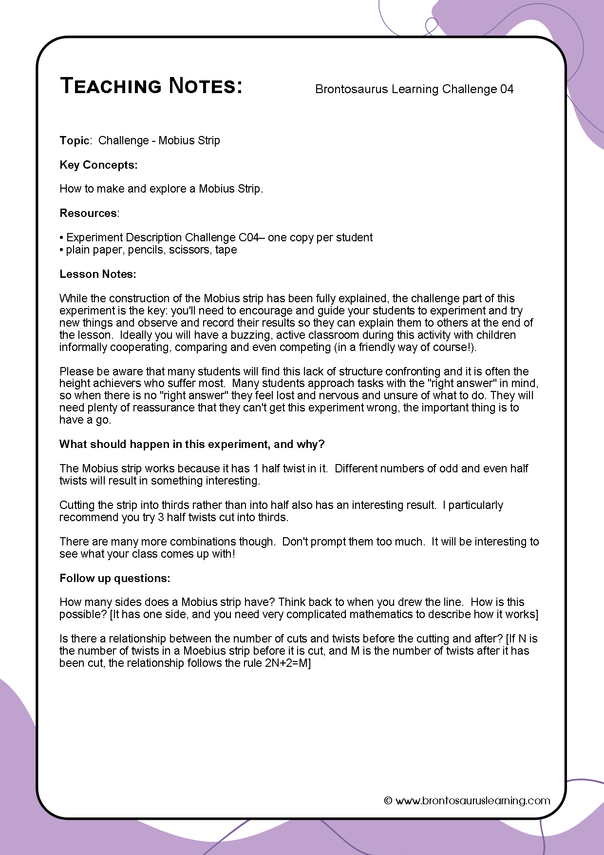 Teacher notes page preview for Challenge Activity: Mobius Strips
