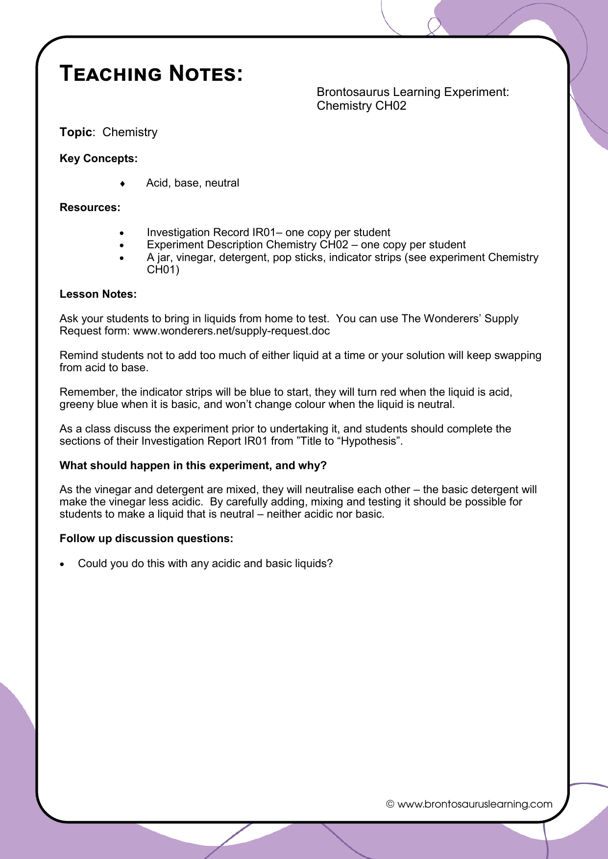 Teacher notes page preview for Chemistry Experiment: Acid or Alkali: Make it Neutral