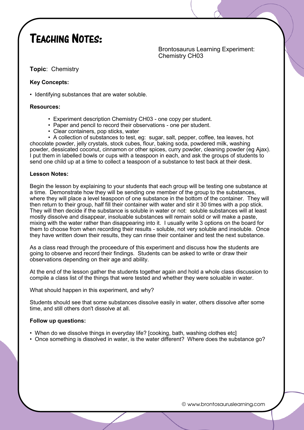 Chemistry Experiment CH03: Is it soluble? 3 Teacher notes page preview for Chemistry Experiment: Is it Soluble?