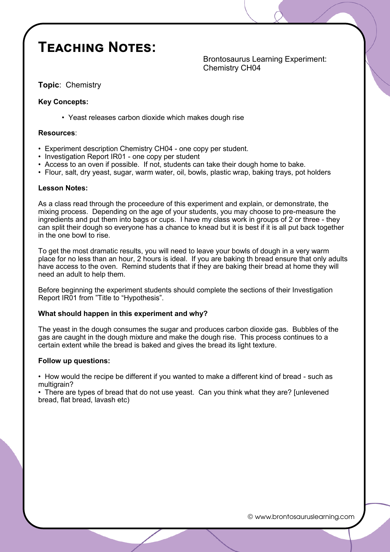 Chemistry Experiment CH04: The Chemistry of Bread 3 Teacher notes page preview for Chemistry Experiment: The Chemistry of Bread