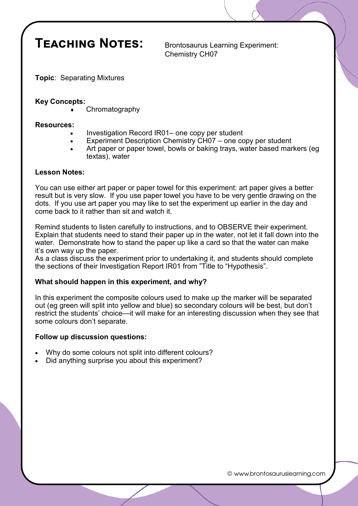 Teacher notes page preview for Chemistry Experiment: Chromatography