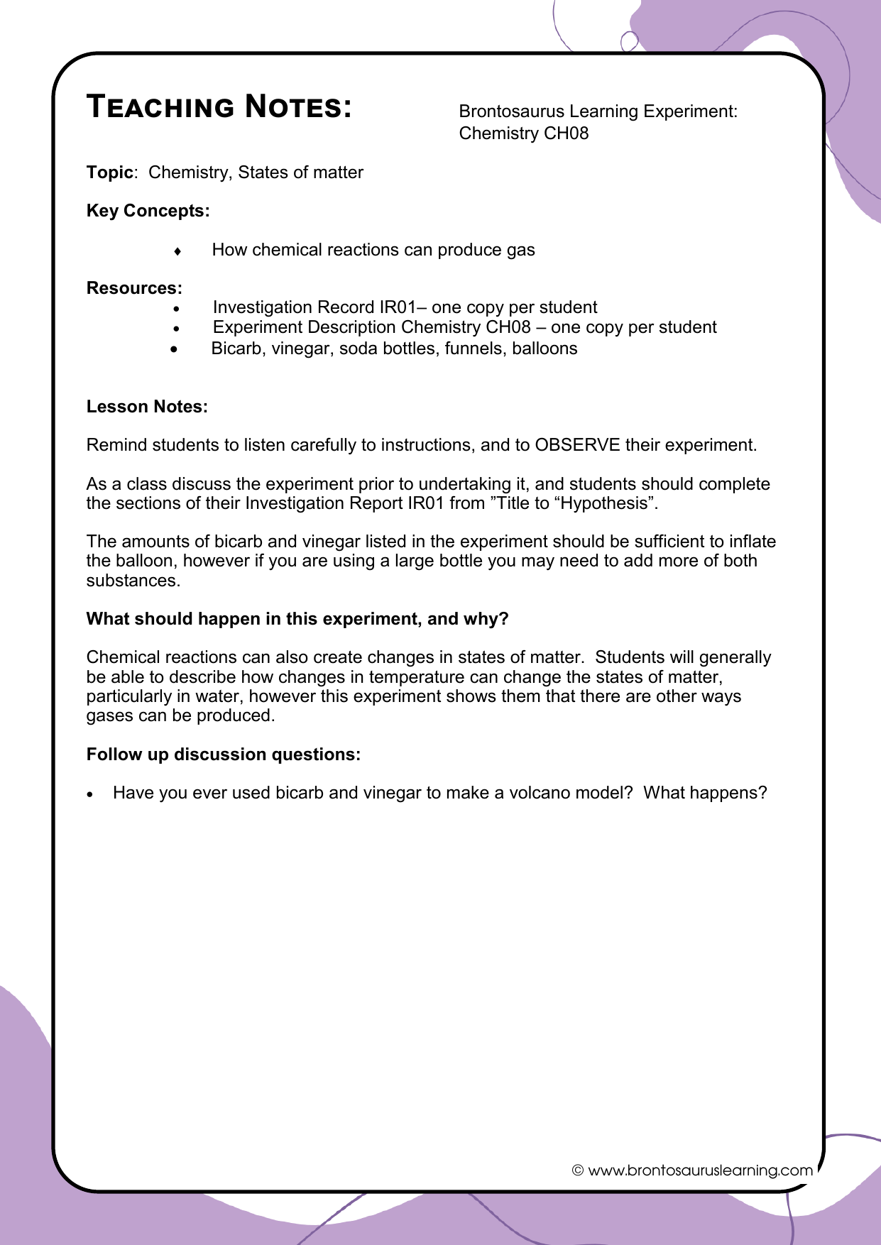 Teacher notes page preview for Chemistry Experiment: Bi-carb Balloon