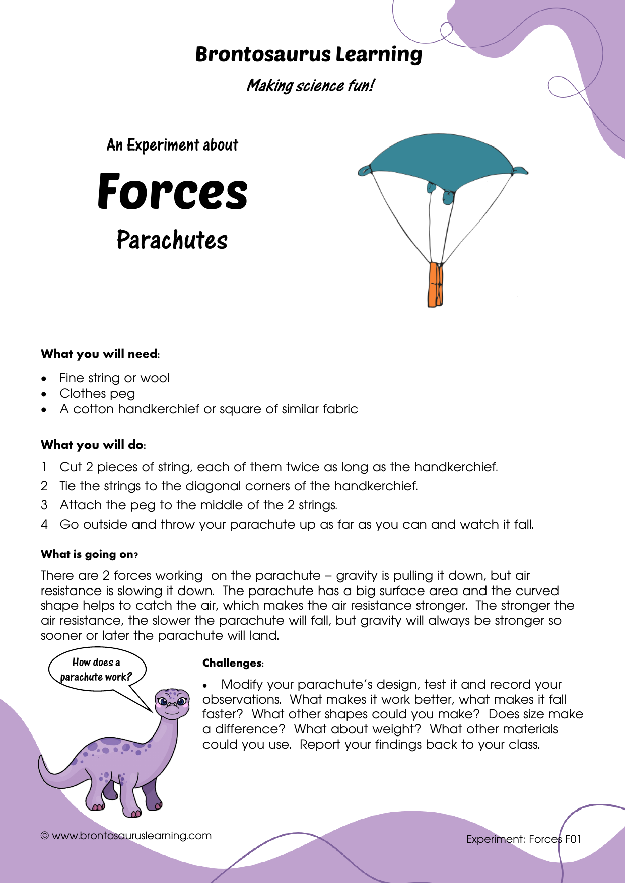 Student resource page preview for Forces Experiment: Parachutes