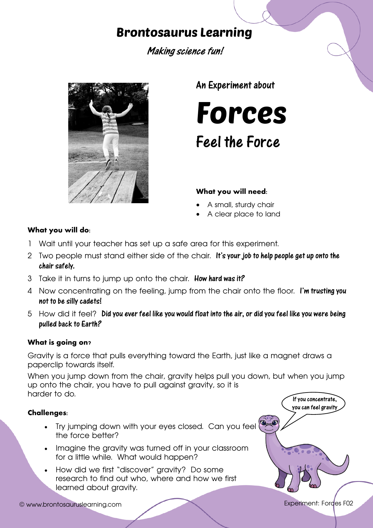 Student resource page preview for Forces Experiment: Gravity - Feel the Force