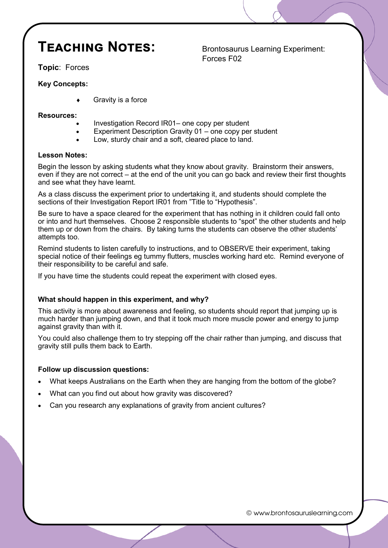 Teacher notes page preview for Forces Experiment: Gravity - Feel the Force