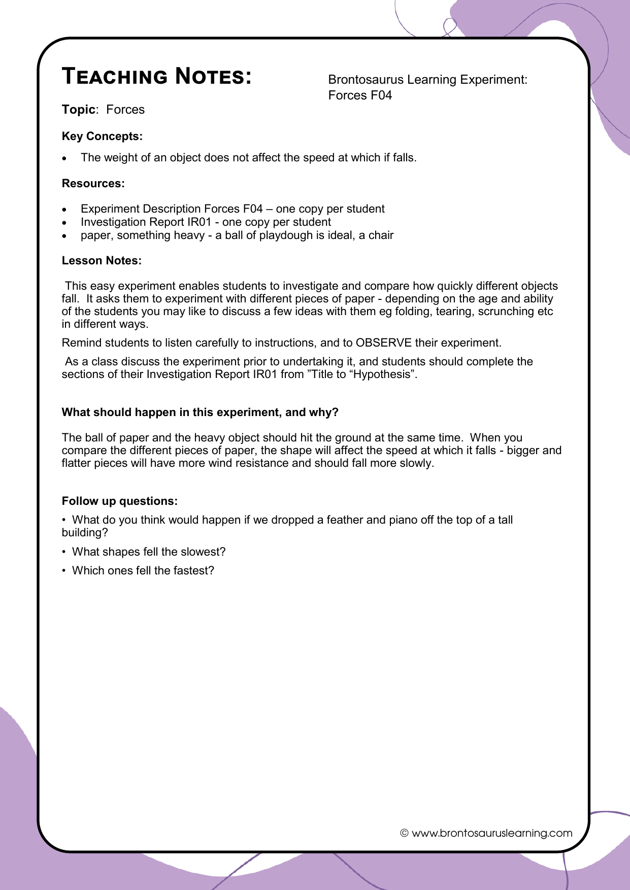 Forces Experiment F04: Which Falls Faster? 3 Teacher notes page preview for Forces Experiment: Which Falls Faster?