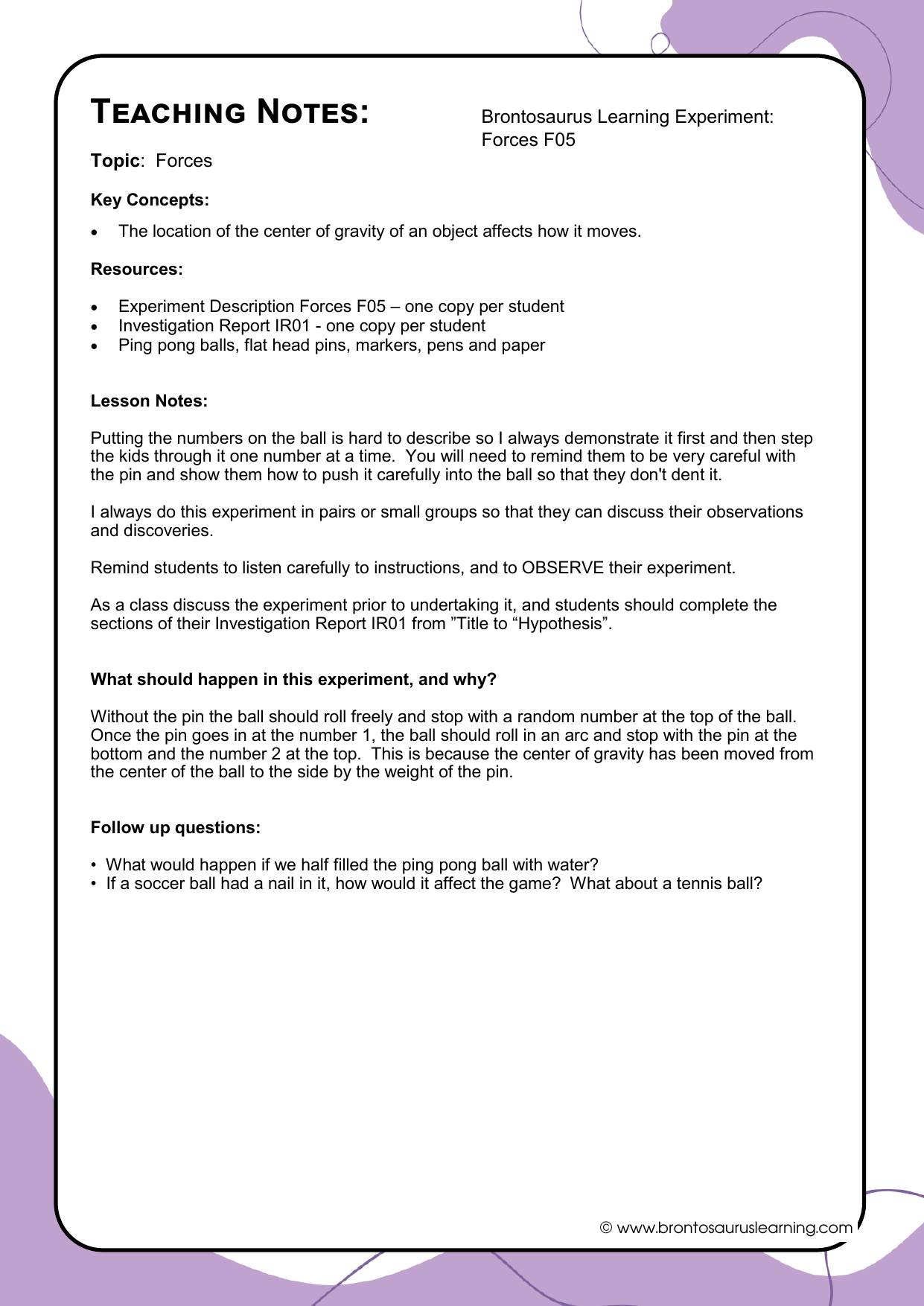 Forces Experiment F05: Trick Ball 3 Teacher notes page preview for Forces Experiment: Trick Ball