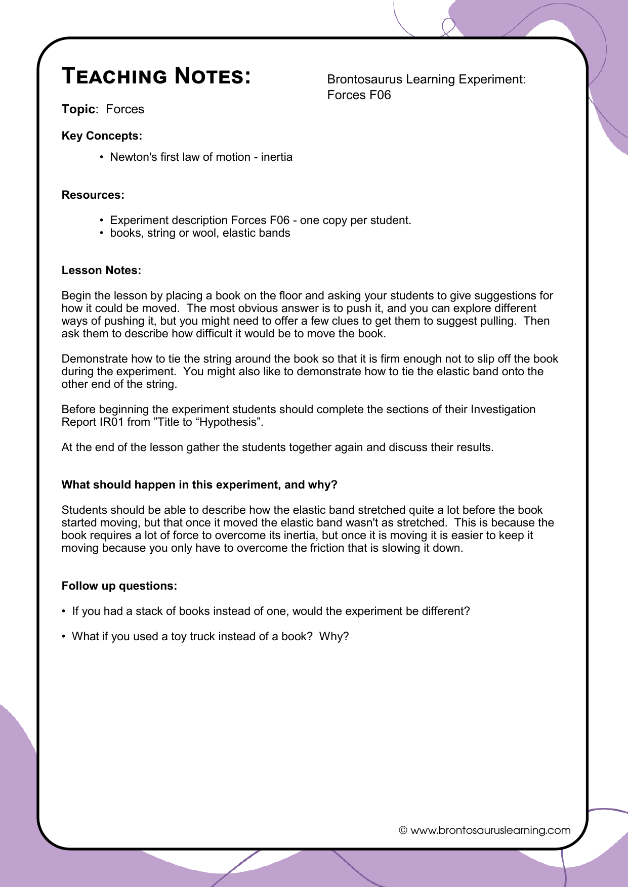 Forces Experiment F06: inertia 3 Teacher notes page preview for Forces Experiment: Inertia