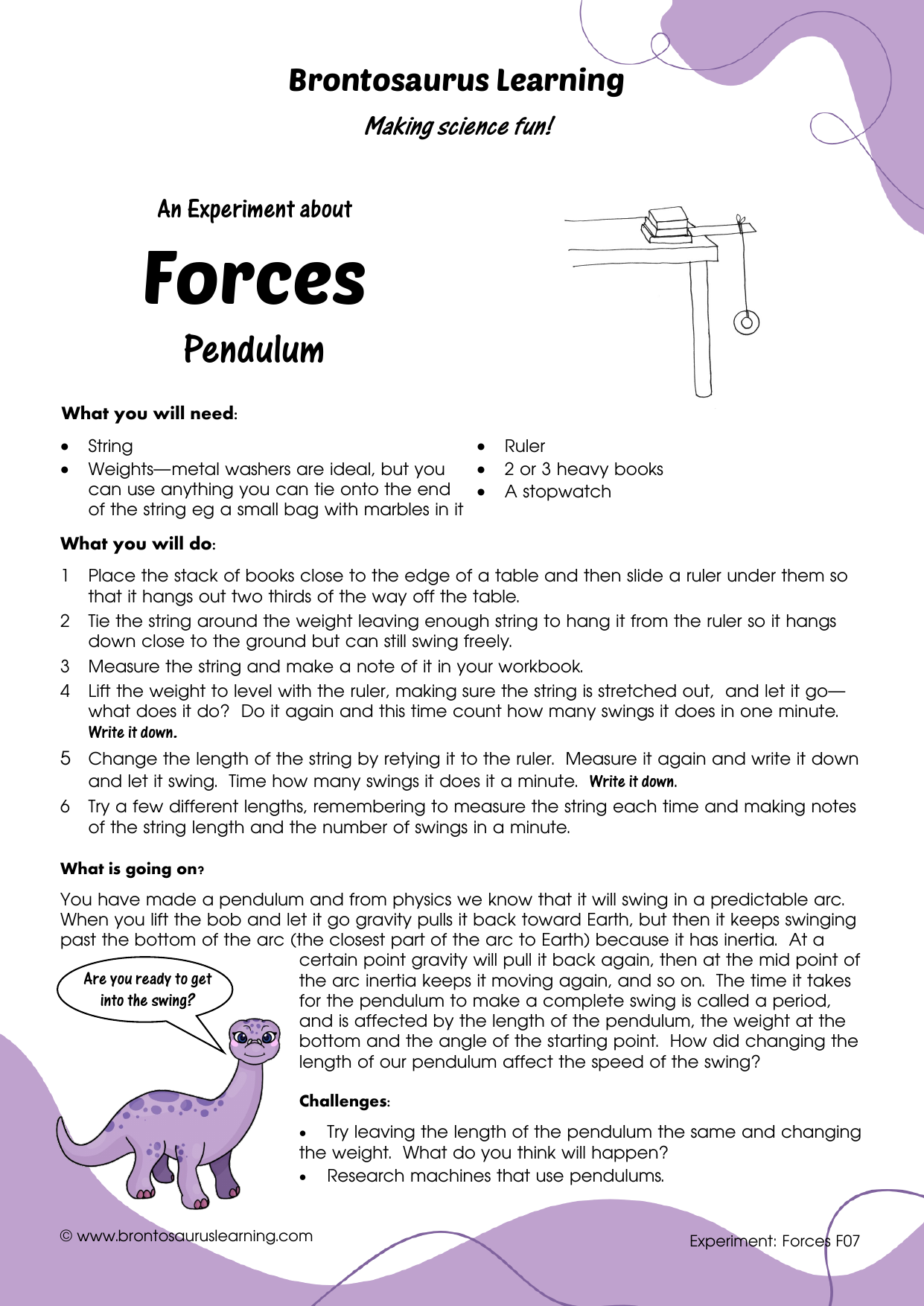 Forces Experiment F07: Pendulum 2 Student resource page preview for Forces Experiment: Pendulum