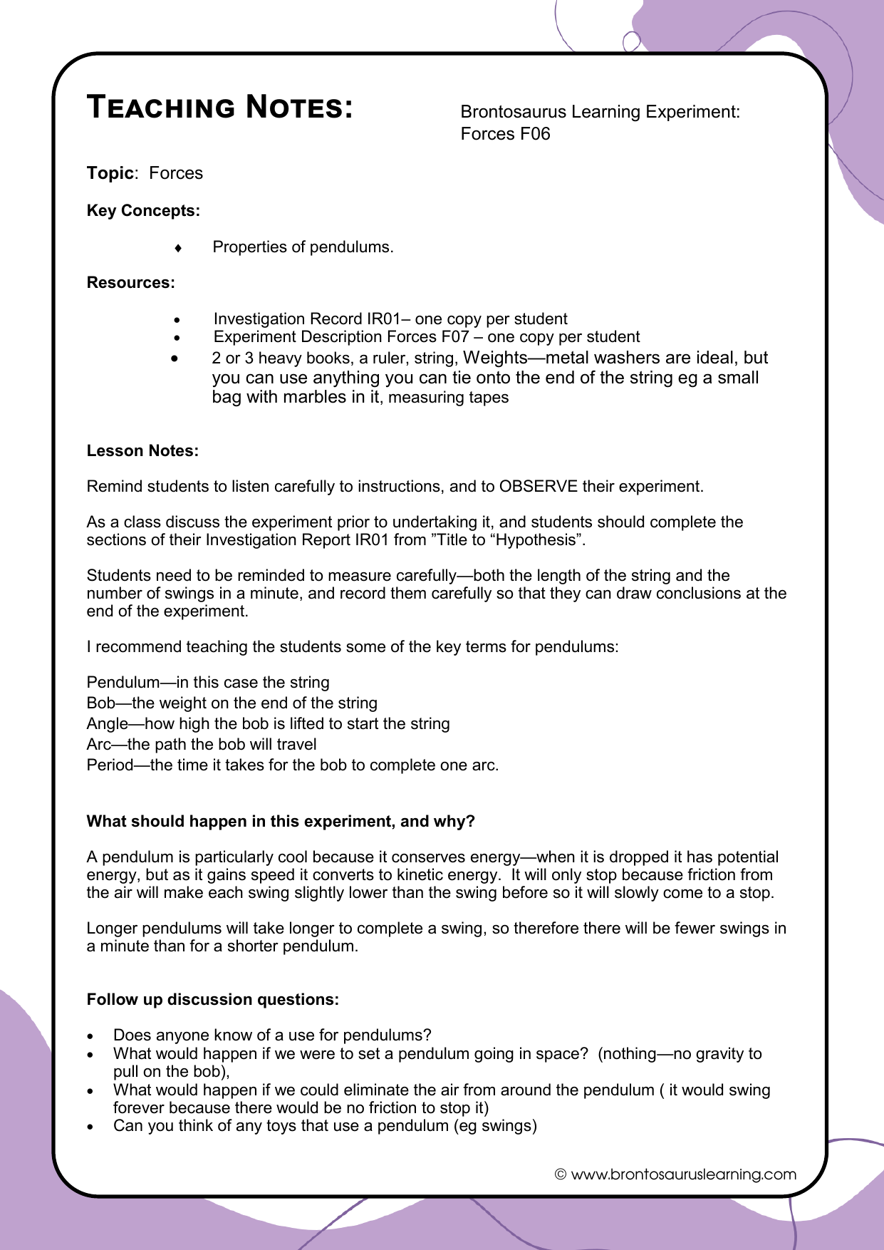 Forces Experiment F07: Pendulum 3 Teacher notes page preview for Forces Experiment: Pendulum