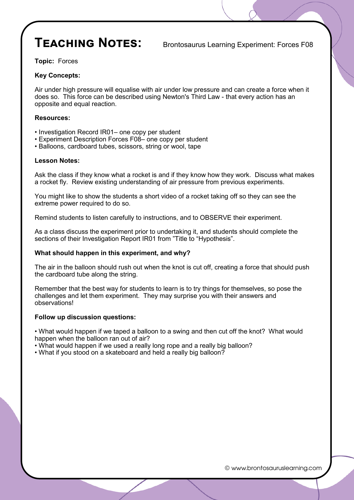 Teacher notes page preview for Forces Experiment: Air Rocket
