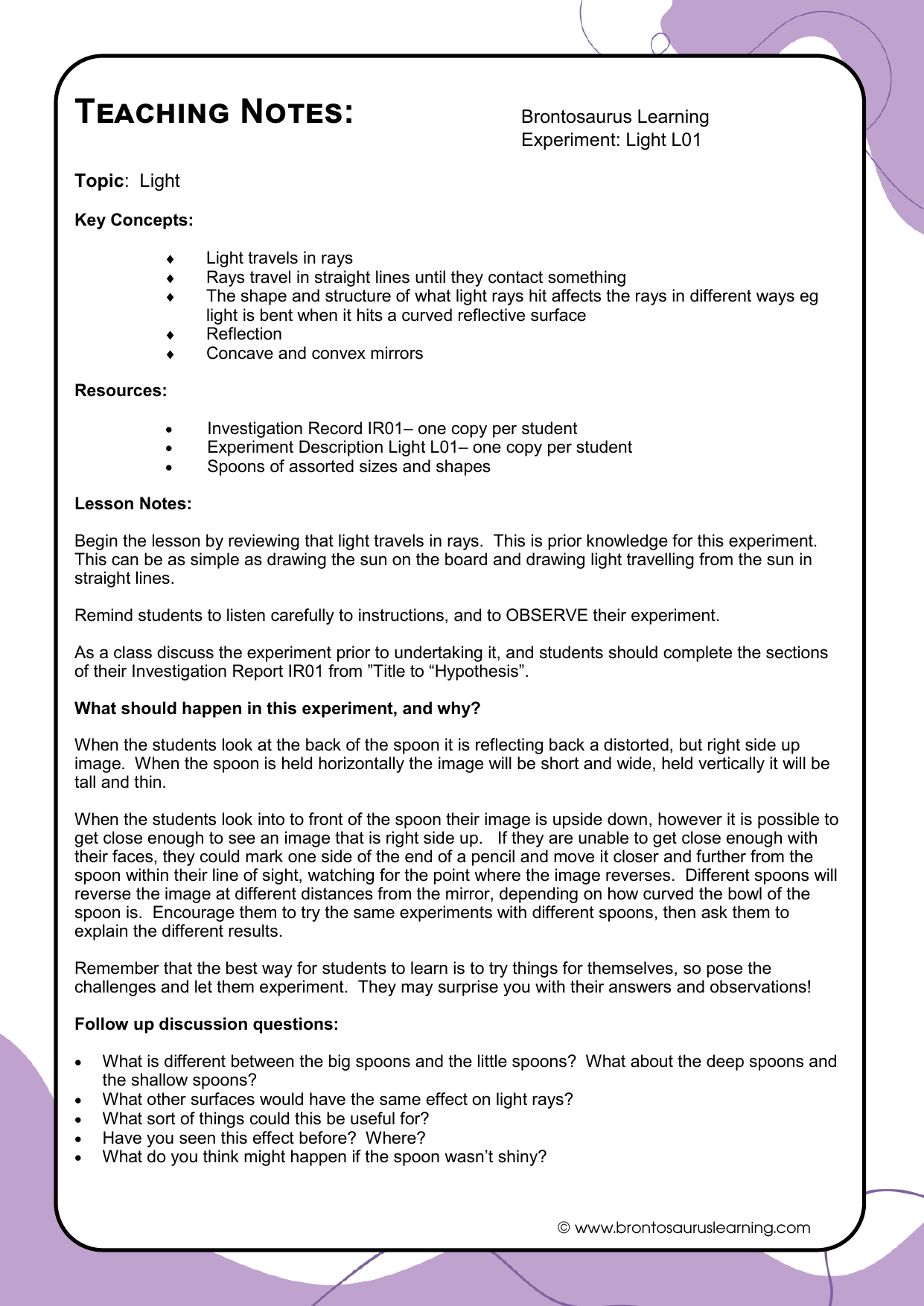 Light Experiment L01: Reflective Spoons 3 Teacher notes page preview for Light Experiment: Reflective Spoons