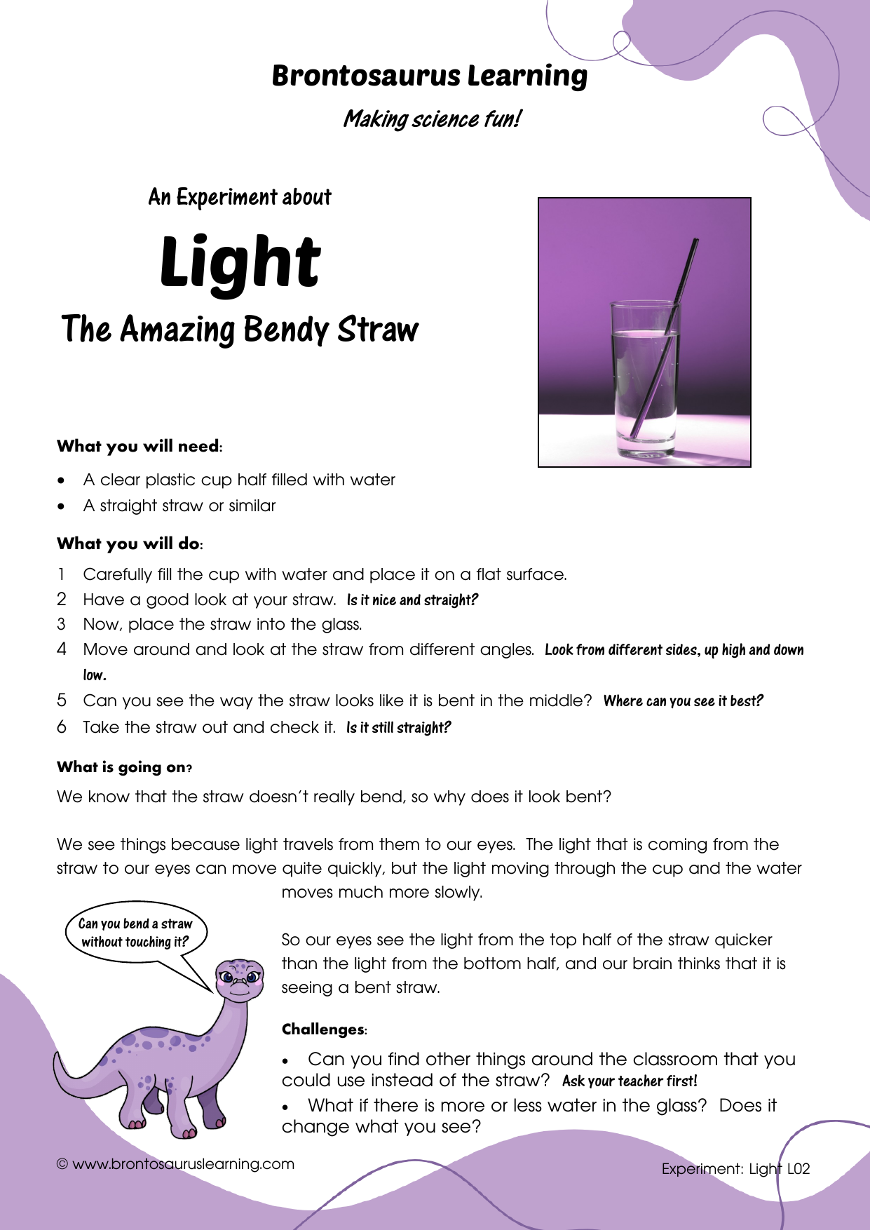 Light Experiment L02: Bendy Straw 2 Student resource page preview for Light Experiment: Bendy Straw