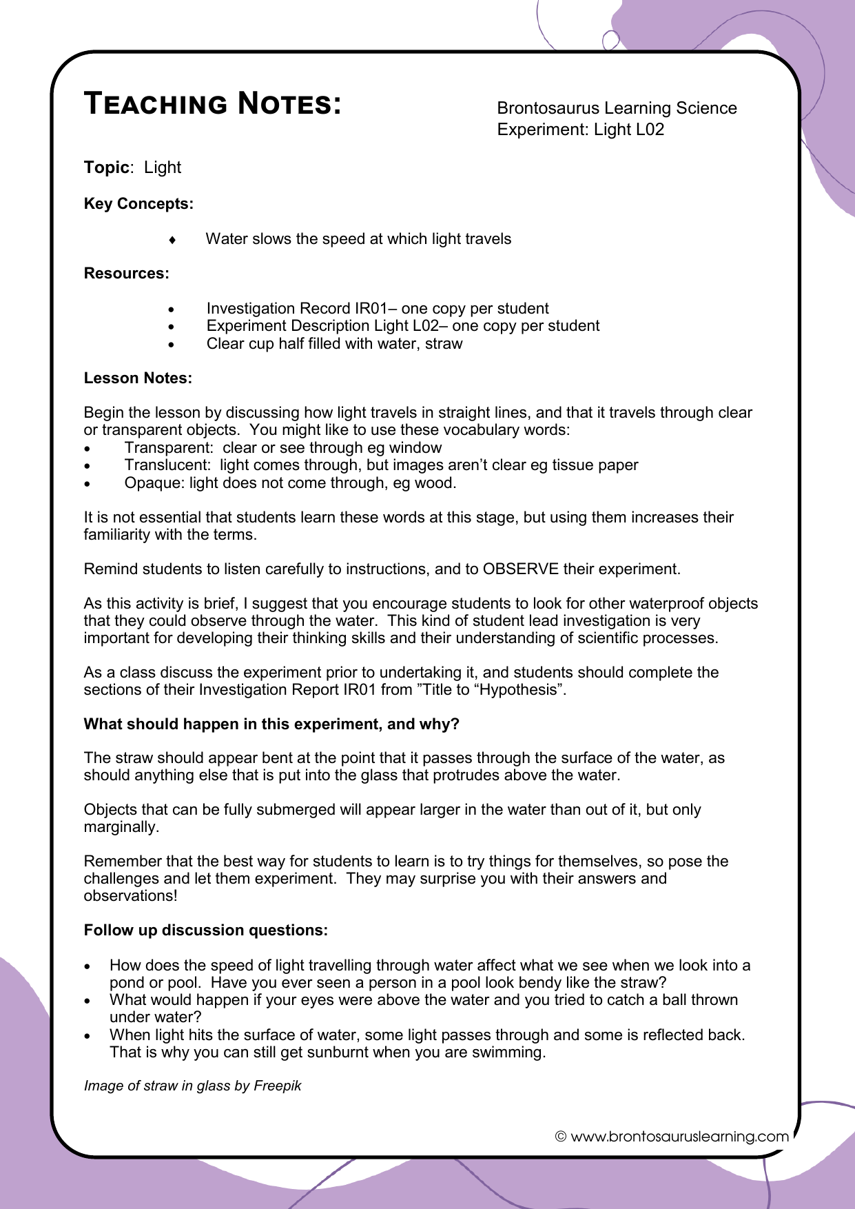 Light Experiment L02: Bendy Straw 3 Teacher notes page preview for Light Experiment: Bendy Straw
