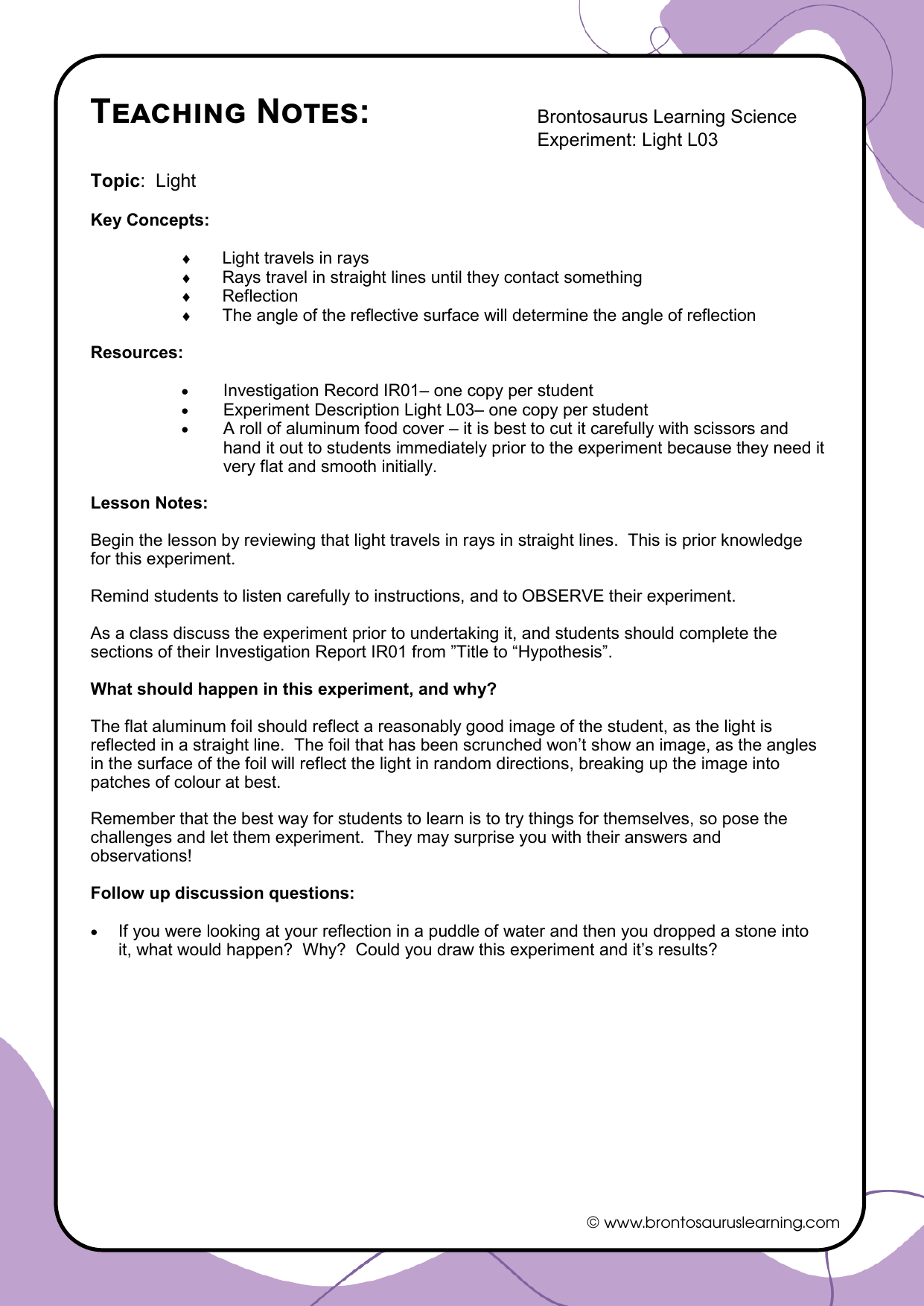 Light Experiment L03: Vanishing Reflections 3 Teacher notes page preview for Light Experiment: Vanishing Reflection