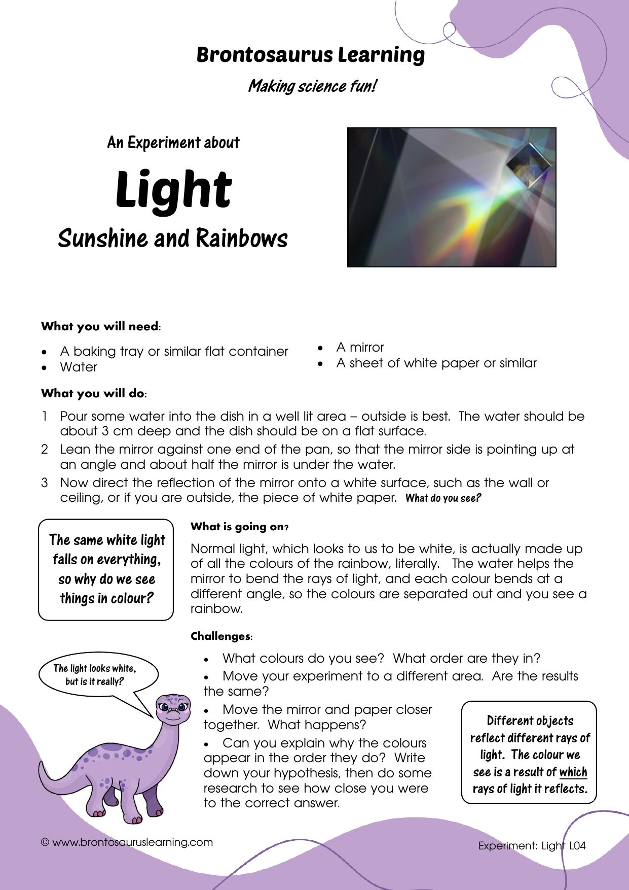 Light Experiment L04: Rays into Colours 2 Student resource page preview for Light Experiment: Rays into Colours