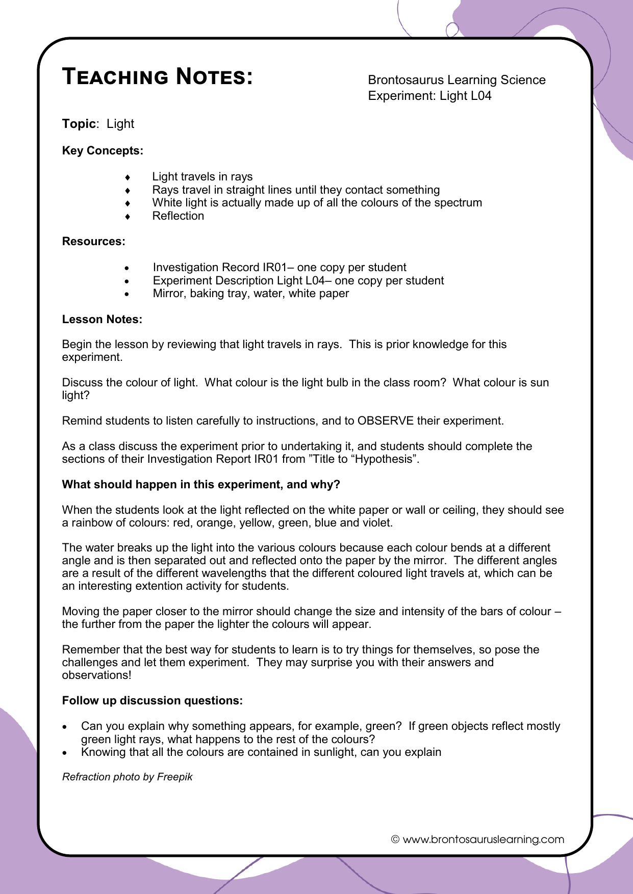 Light Experiment L04: Rays into Colours 3 Teacher notes page preview for Light Experiment: Rays into Colours