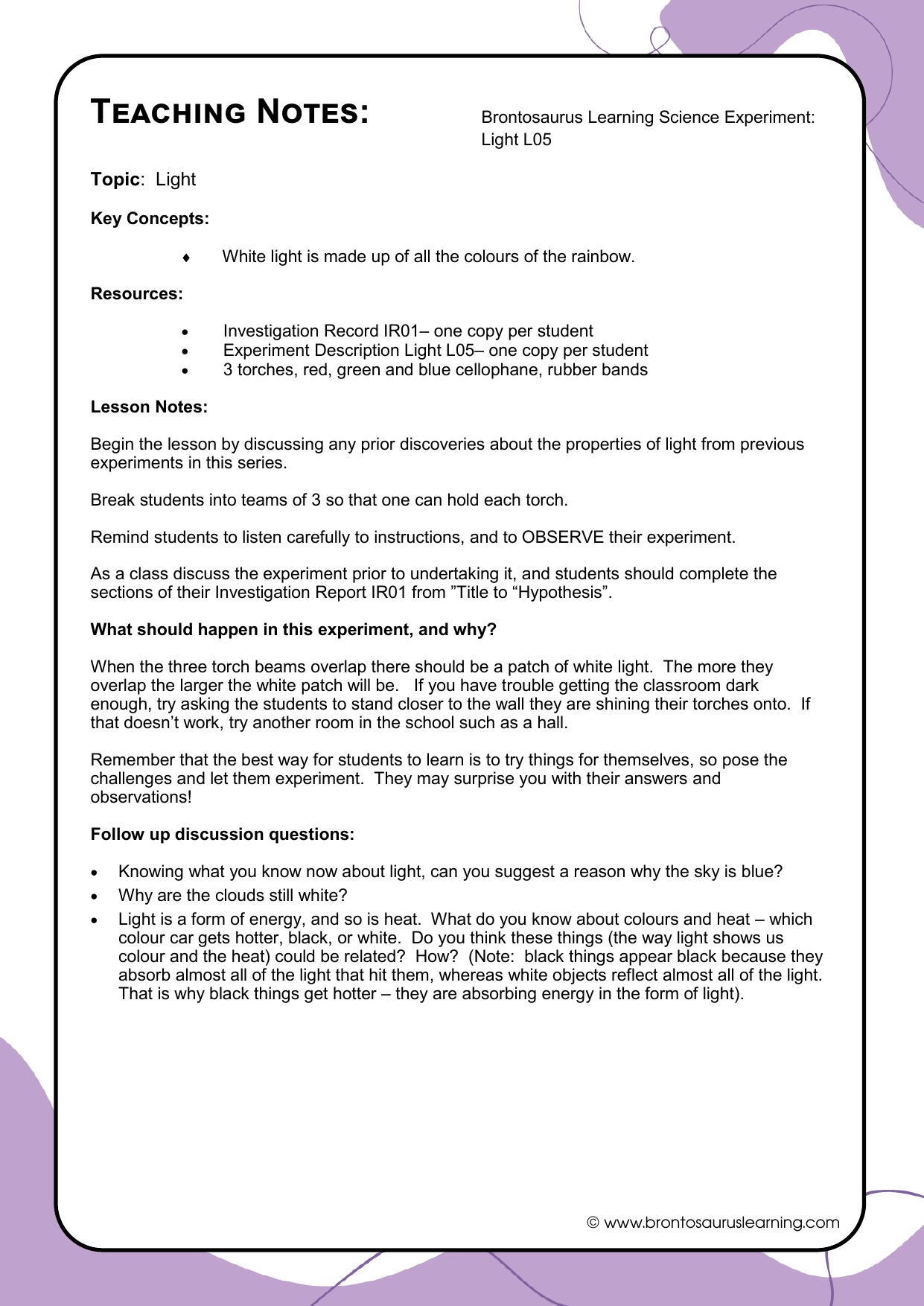 Light Experiment L05: 3 Ring Light 3 Teacher notes page preview for Light Experiment: 3 Ring Light