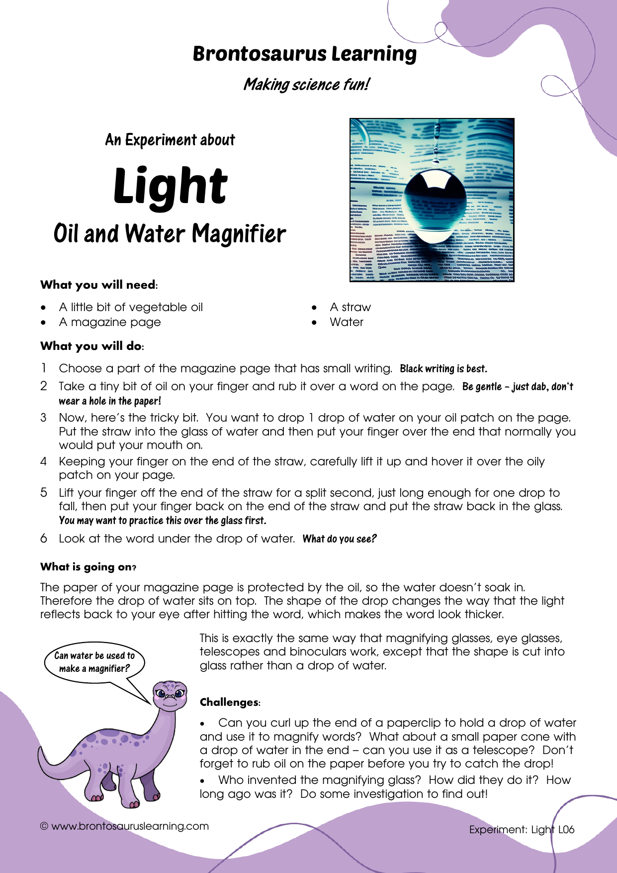 Student resource page preview for Light Experiment: Oil Magnifier