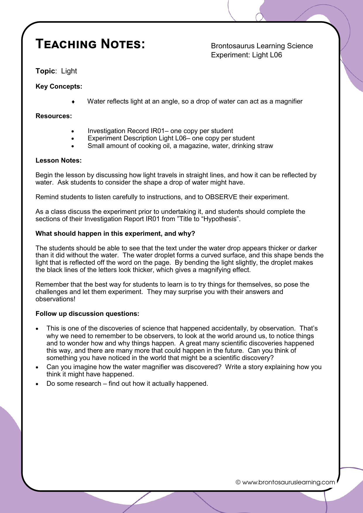 Teacher notes page preview for Light Experiment: Oil Magnifier