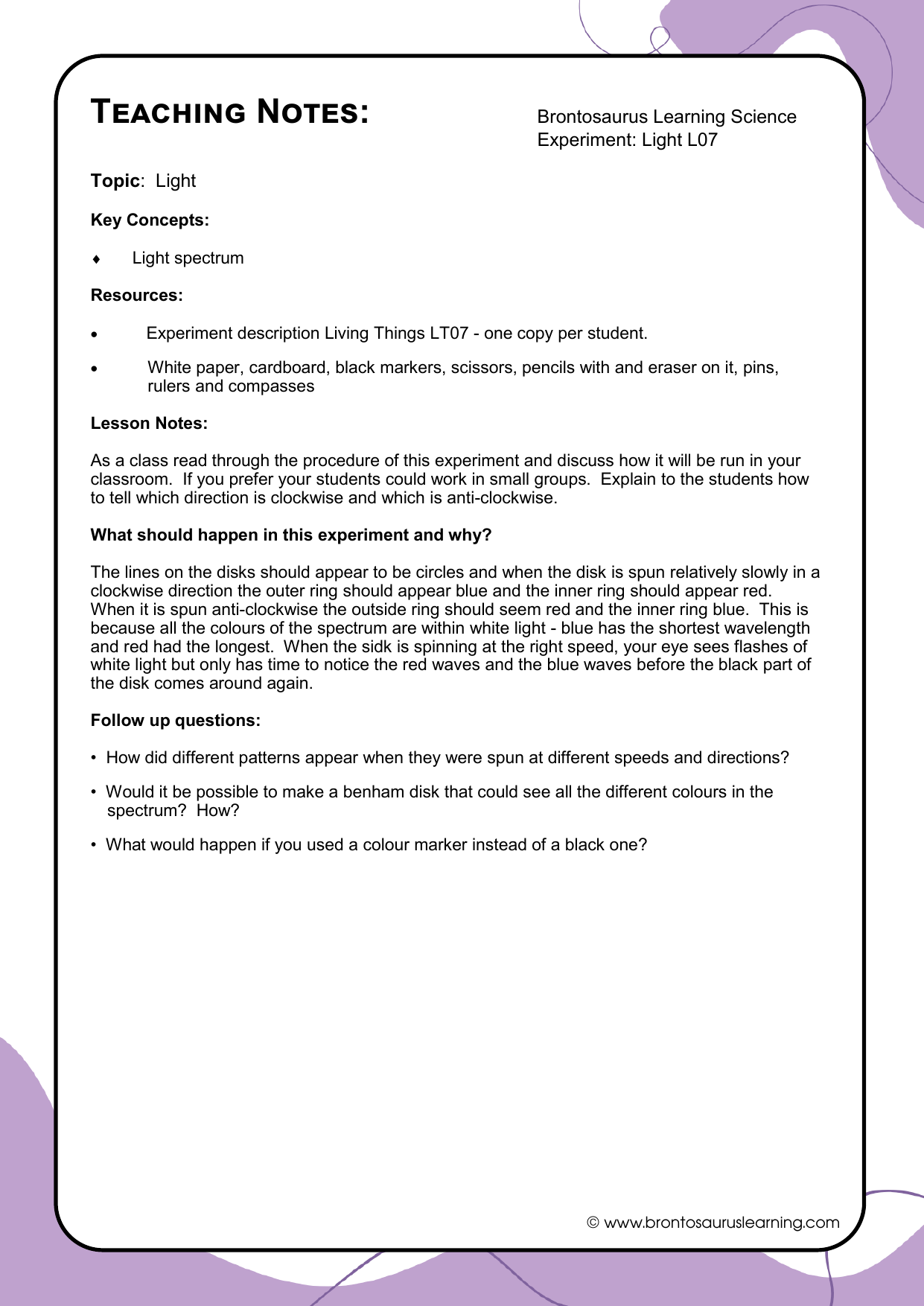 Teacher notes page preview for Light Experiment: Benham Disk