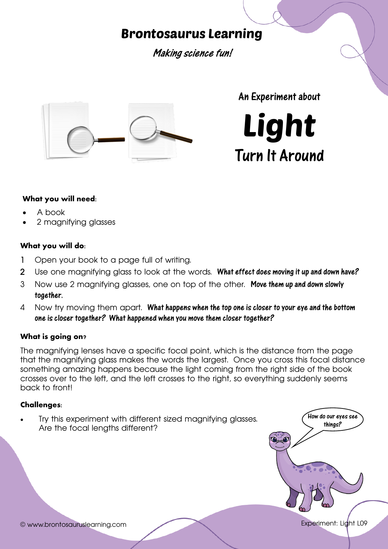 Student resource page preview for Light Experiment: Turn it Around