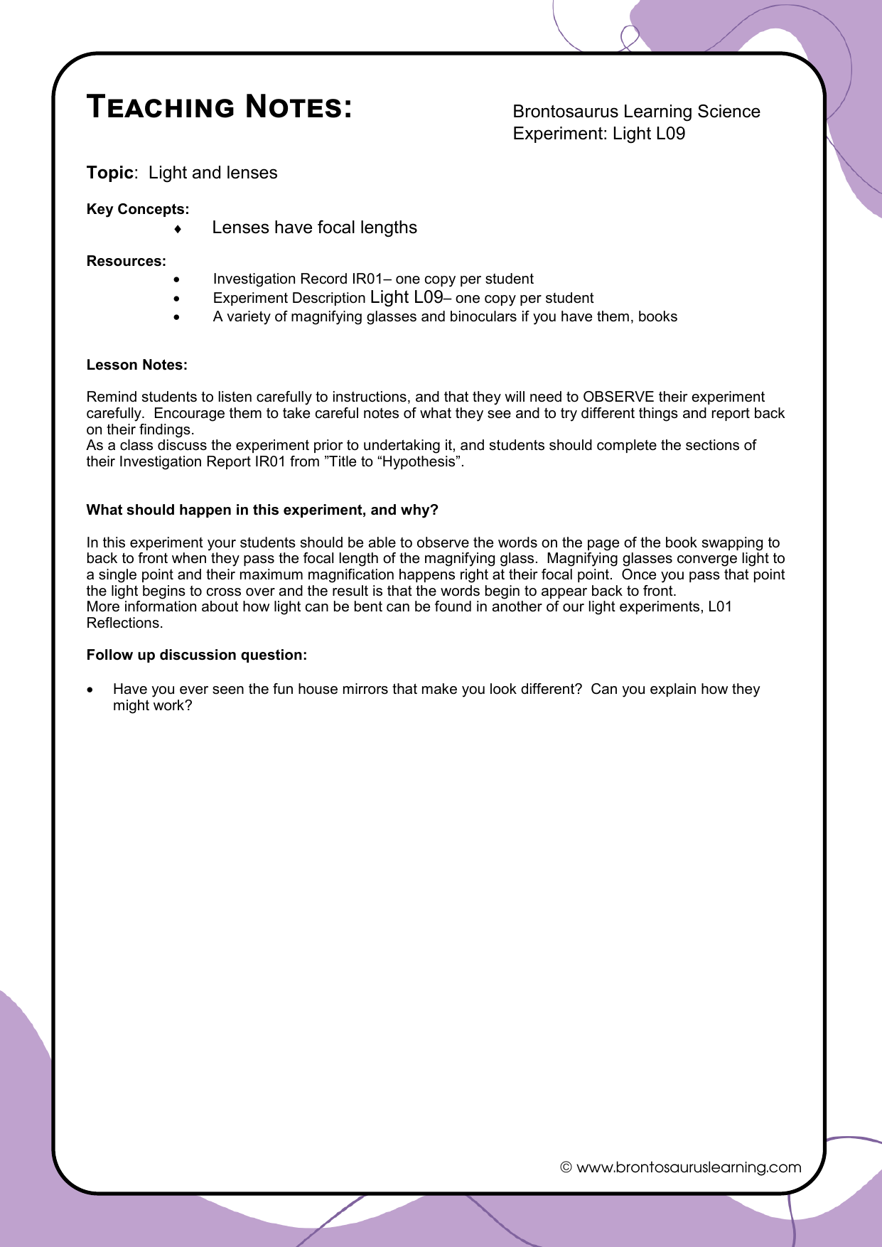 Teacher notes page preview for Light Experiment: Turn it Around