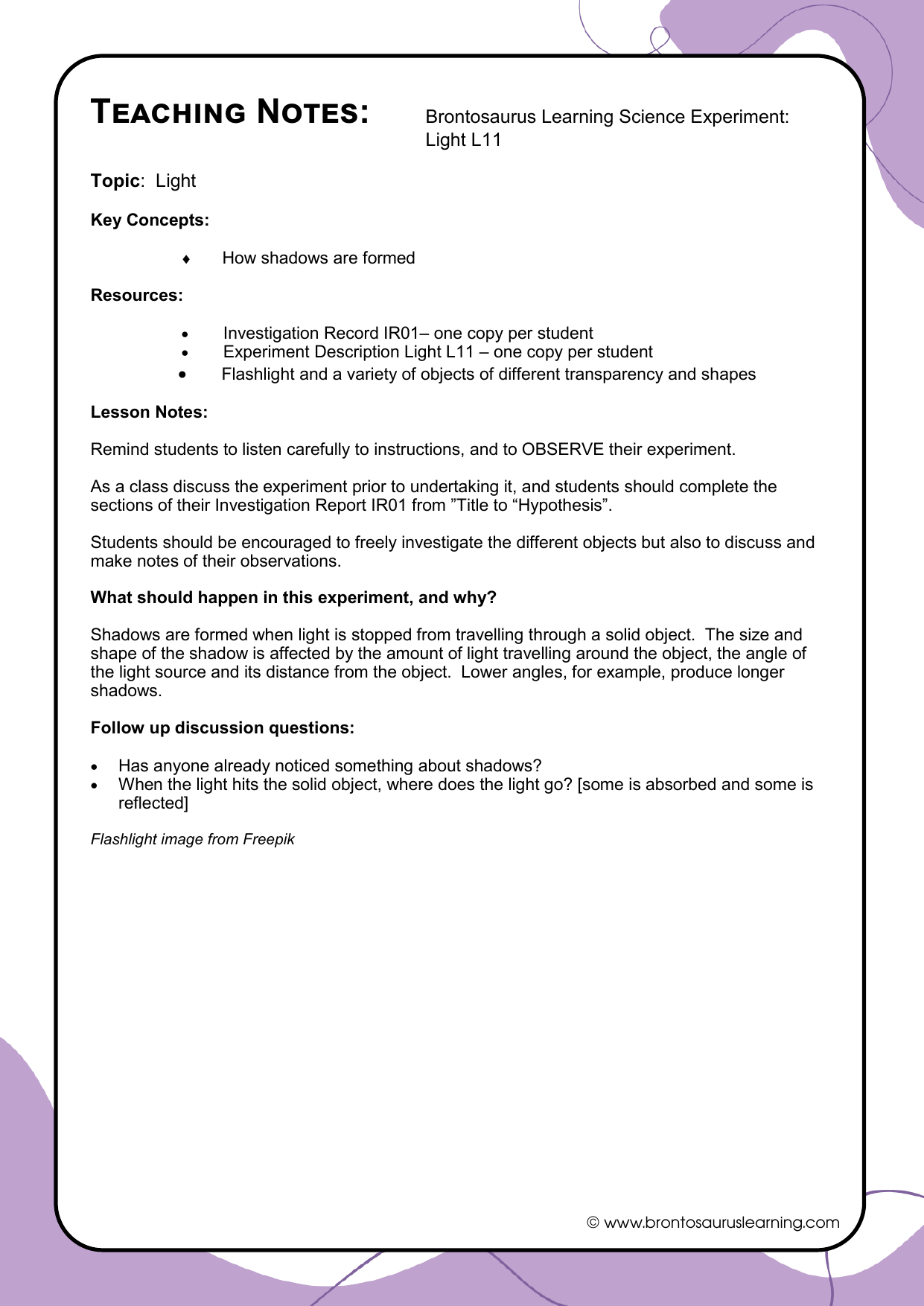 Teacher notes page preview for Light Experiment: Investigating Shadows